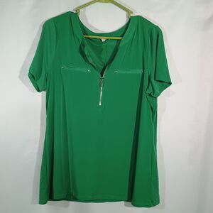 Women's Green Zip Front Blouse Short Sleeve Casual Top Lightweight